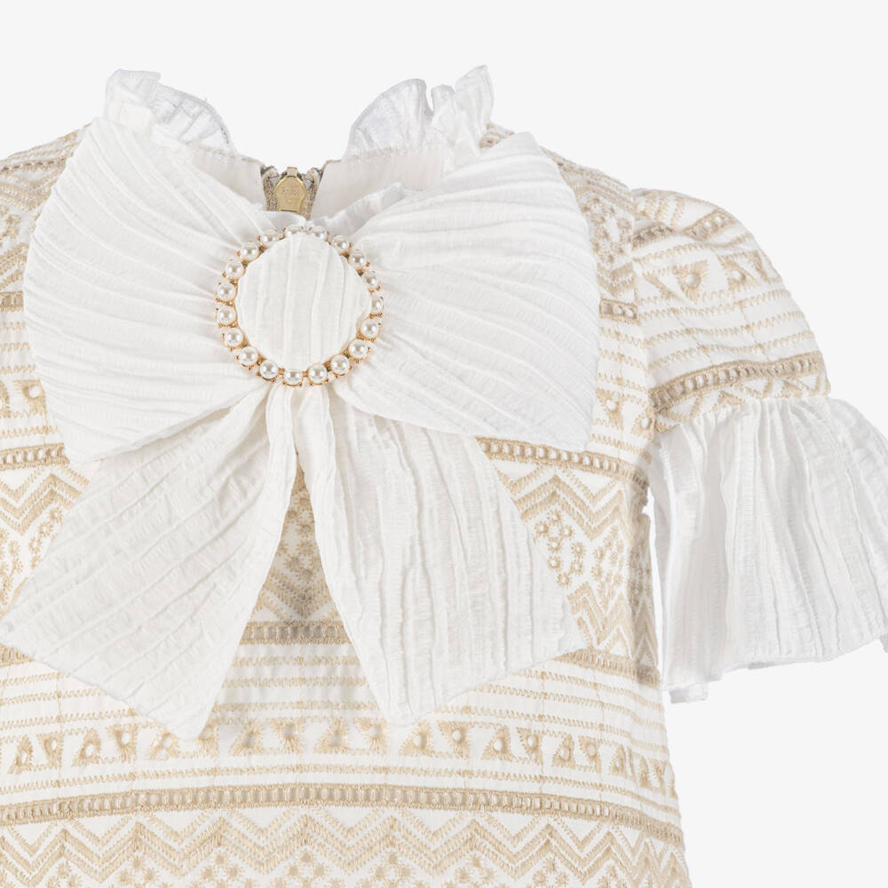 Graci-Girls Ivory & Beige Embroidered Dress with Bow Brooch | Childrensalon