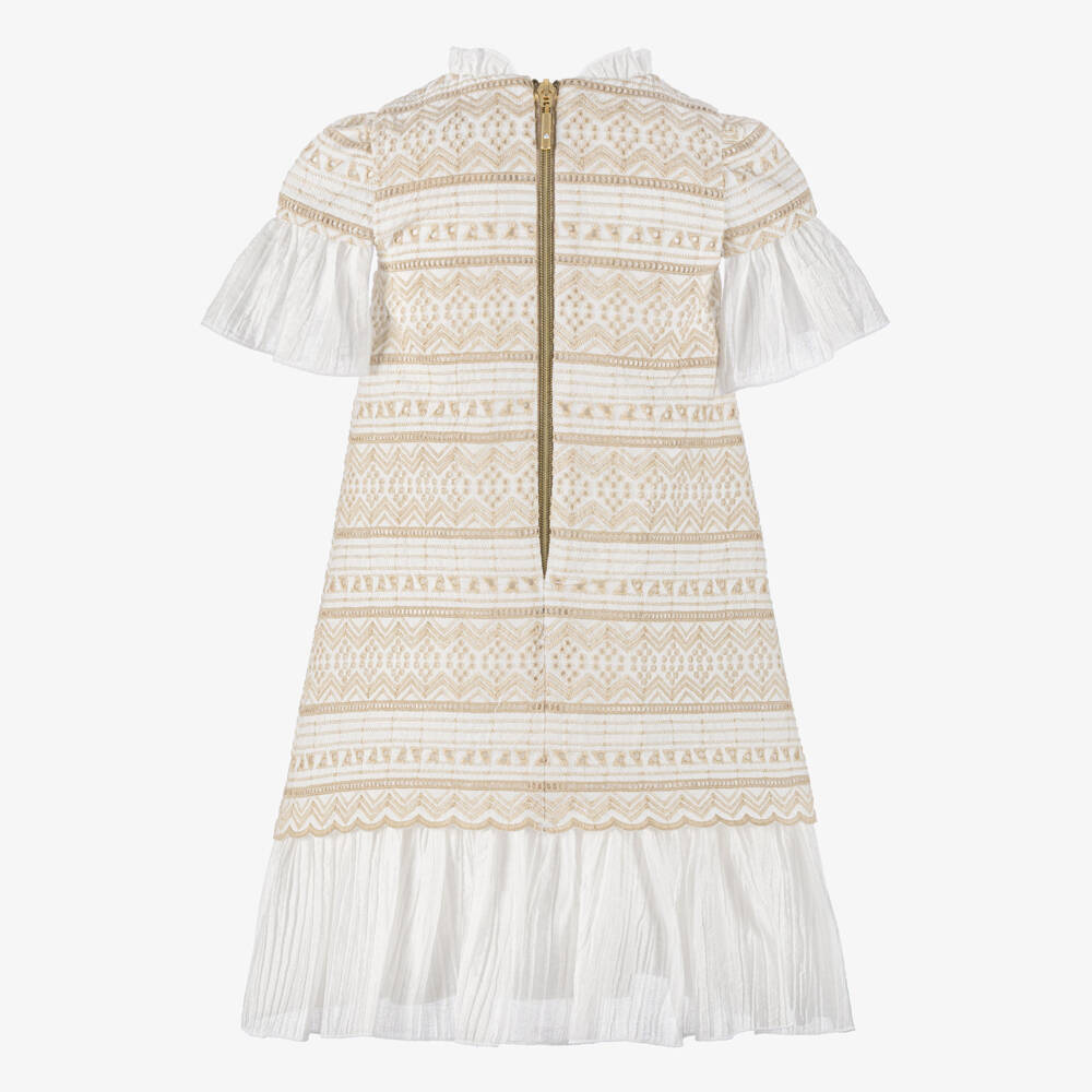 Graci-Girls Ivory & Beige Embroidered Dress with Bow Brooch | Childrensalon