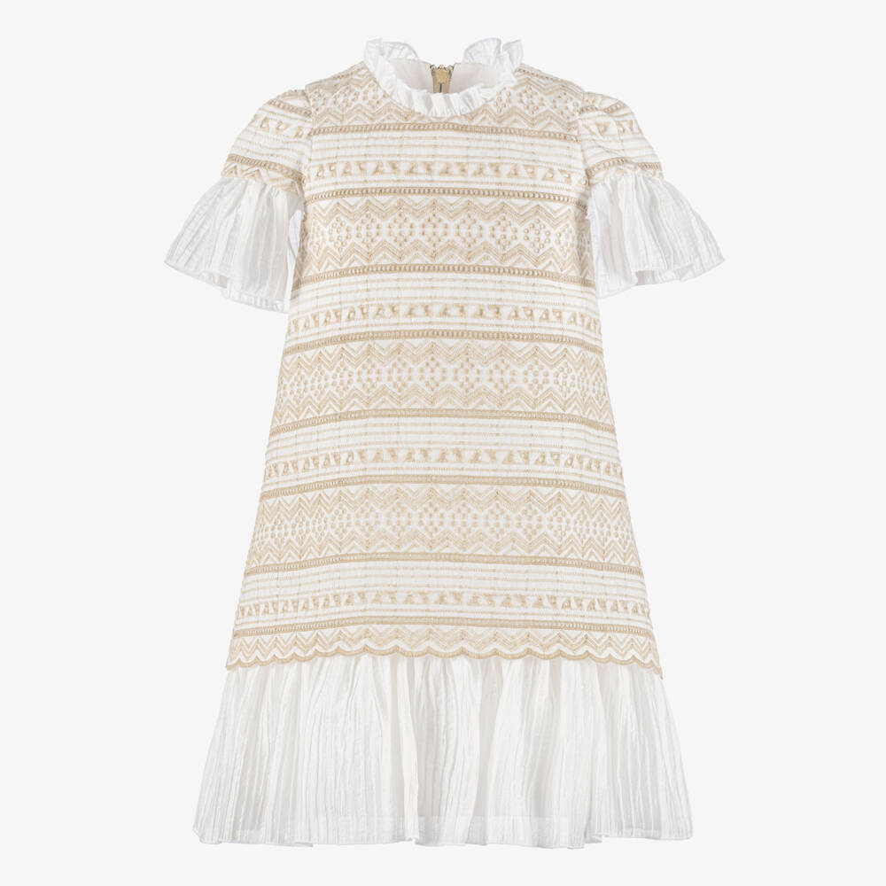 Graci-Girls Ivory & Beige Embroidered Dress with Bow Brooch | Childrensalon