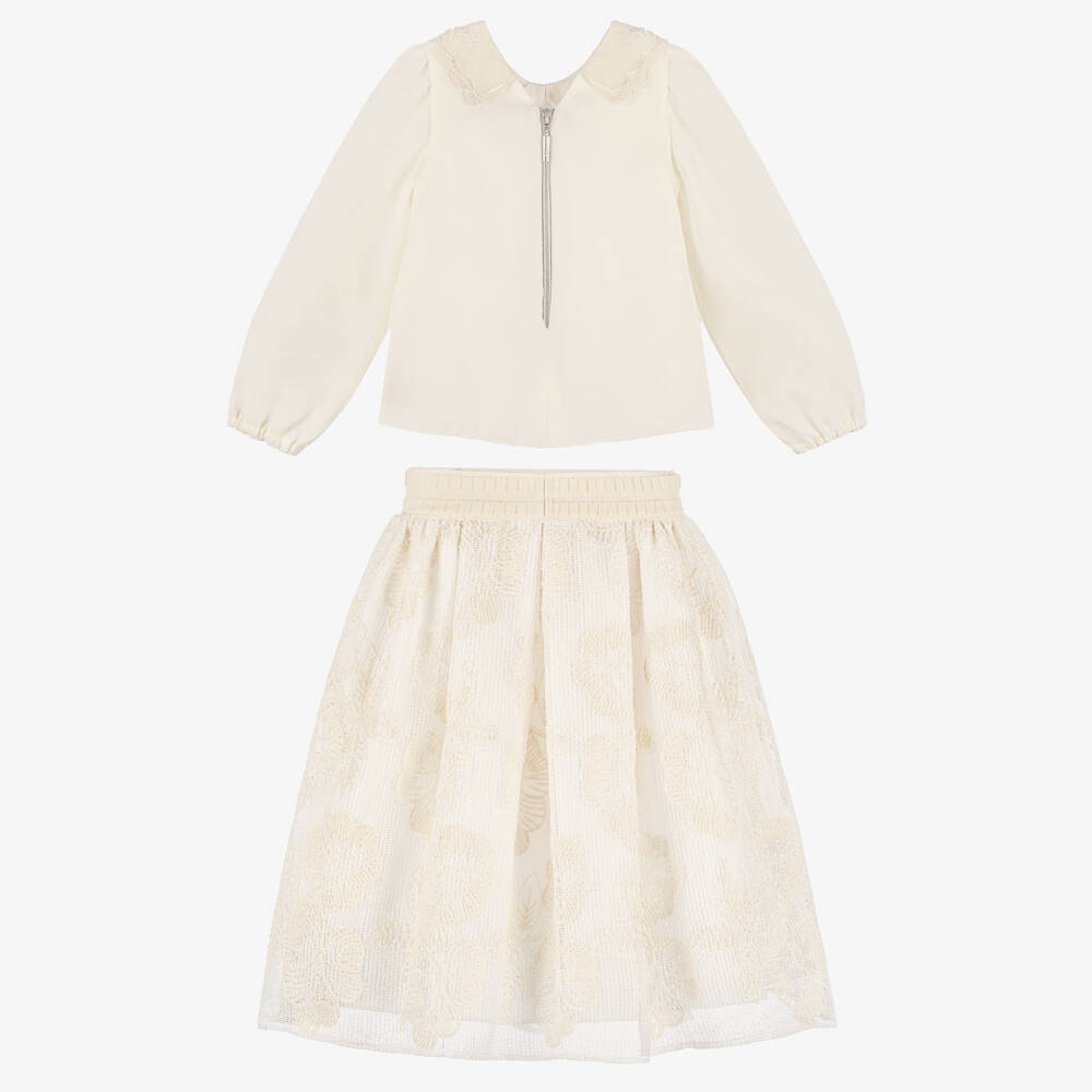 Graci-Girls Ivory Floral Embroidered Knit Skirt Set | Childrensalon