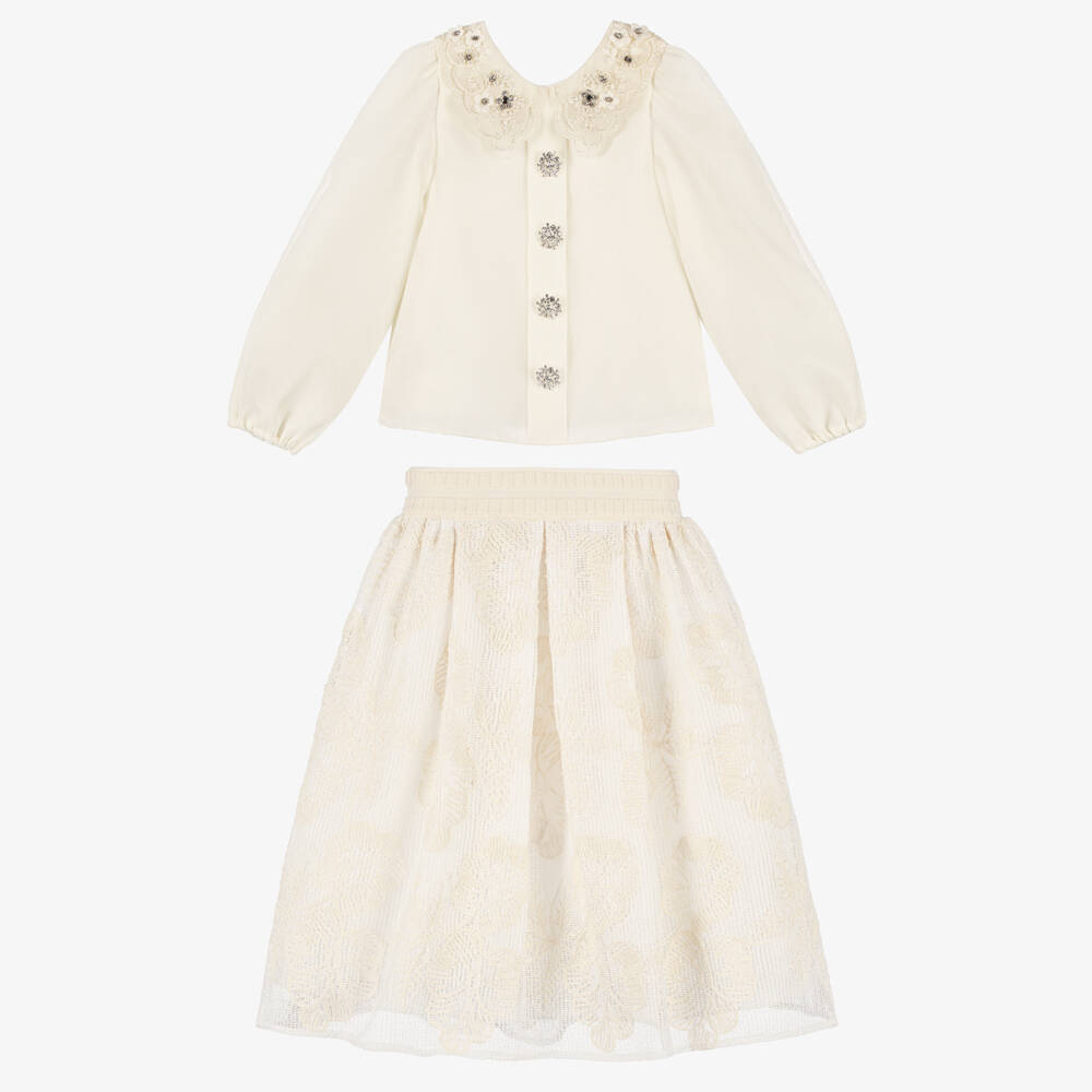 Graci-Girls Ivory Floral Embroidered Knit Skirt Set | Childrensalon