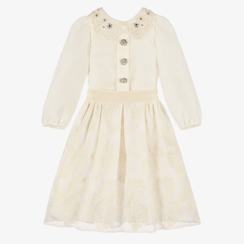 Graci-Girls Ivory Floral Embroidered Knit Skirt Set | Childrensalon