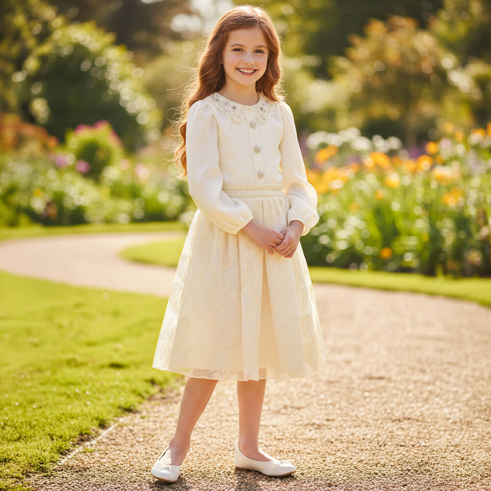 Graci-Girls Ivory Floral Embroidered Knit Skirt Set | Childrensalon