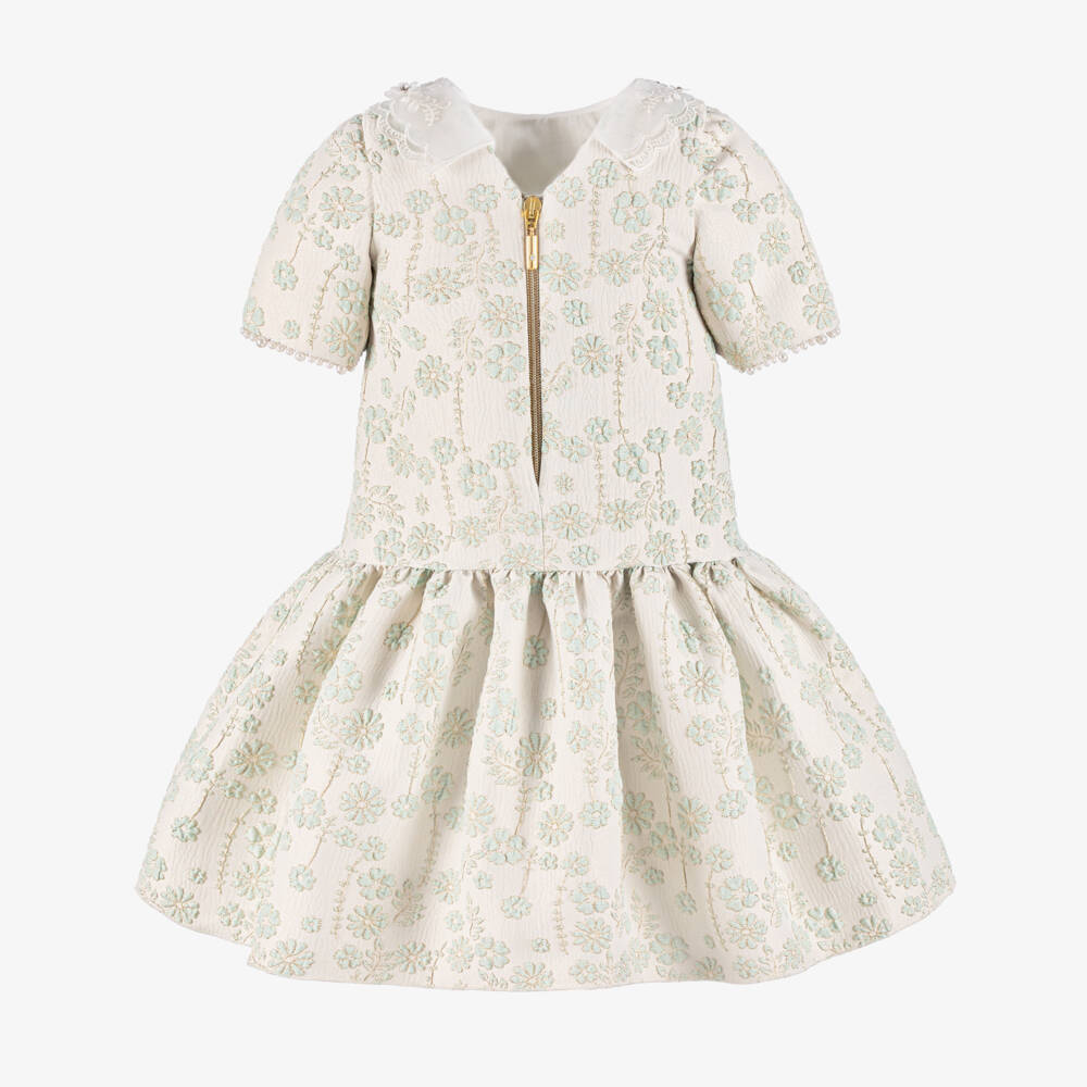 Graci-Girls Ivory & Green Floral Jacquard Dress | Childrensalon