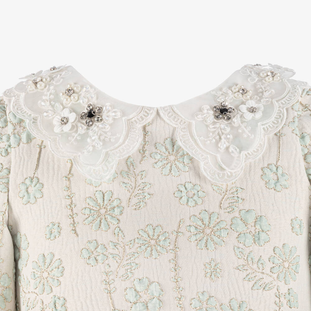 Graci-Girls Ivory & Green Floral Jacquard Dress | Childrensalon