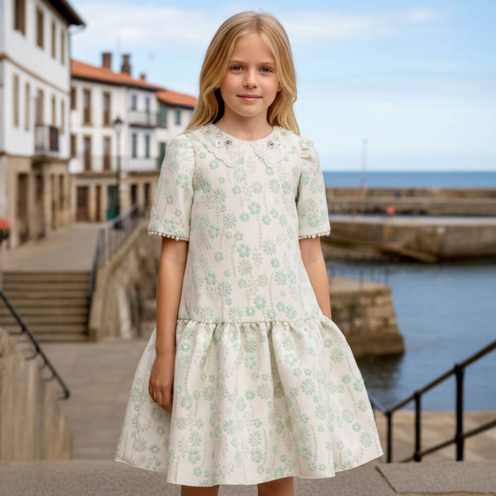 Graci-Girls Ivory & Green Floral Jacquard Dress | Childrensalon