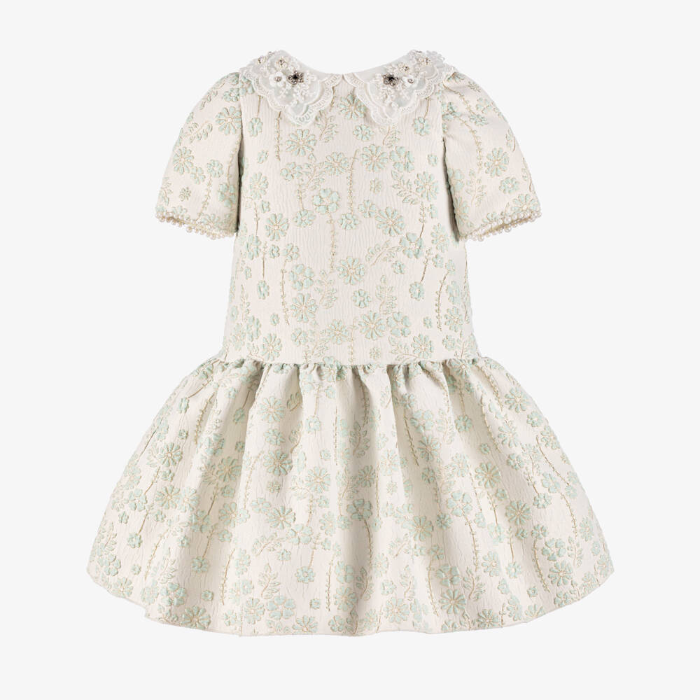 Graci-Girls Ivory & Green Floral Jacquard Dress | Childrensalon
