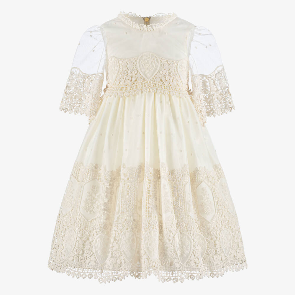 Graci-Girls Ivory Lace Dress with Diamanté Bow Brooch | Childrensalon