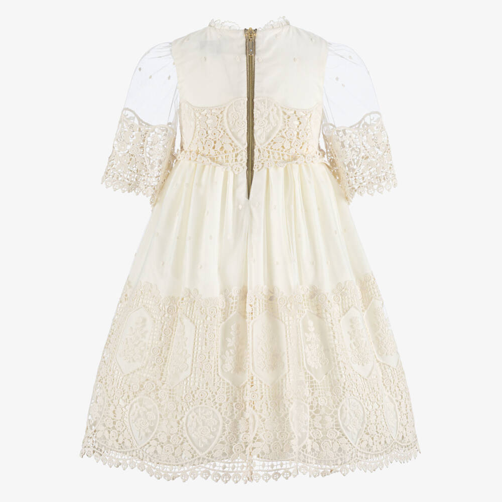 Graci-Girls Ivory Lace Dress with Diamanté Bow Brooch | Childrensalon