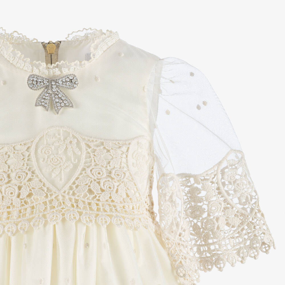 Graci-Girls Ivory Lace Dress with Diamanté Bow Brooch | Childrensalon
