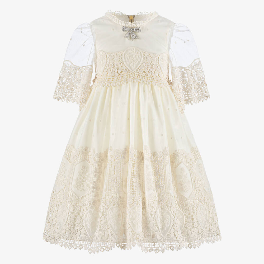 Graci-Girls Ivory Lace Dress with Diamanté Bow Brooch | Childrensalon
