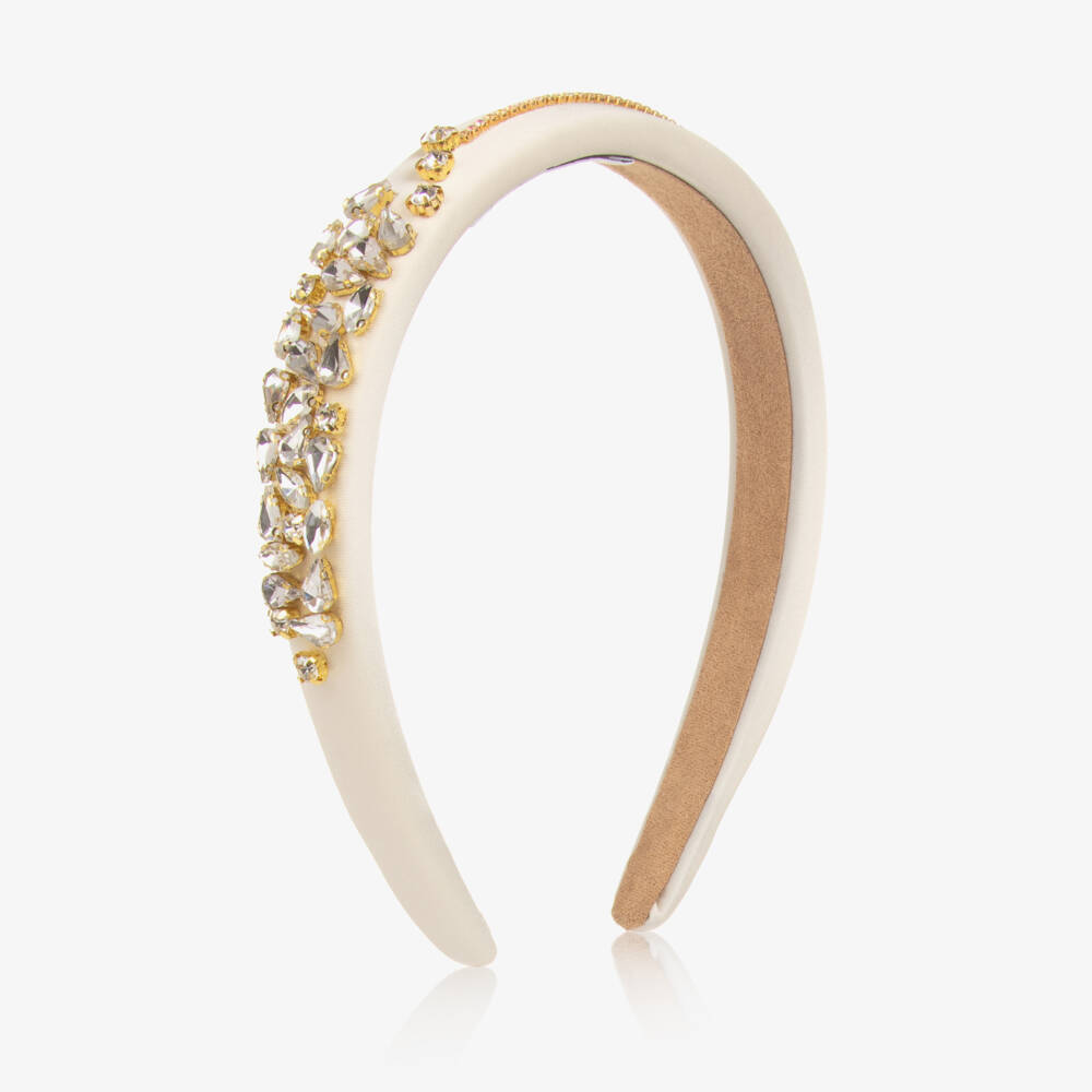 Graci-Girls Ivory Satin & Crystal Hairband with Iridescent Diamantés | Childrensalon