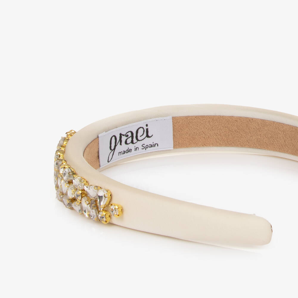 Graci-Girls Ivory Satin & Crystal Hairband with Iridescent Diamantés | Childrensalon