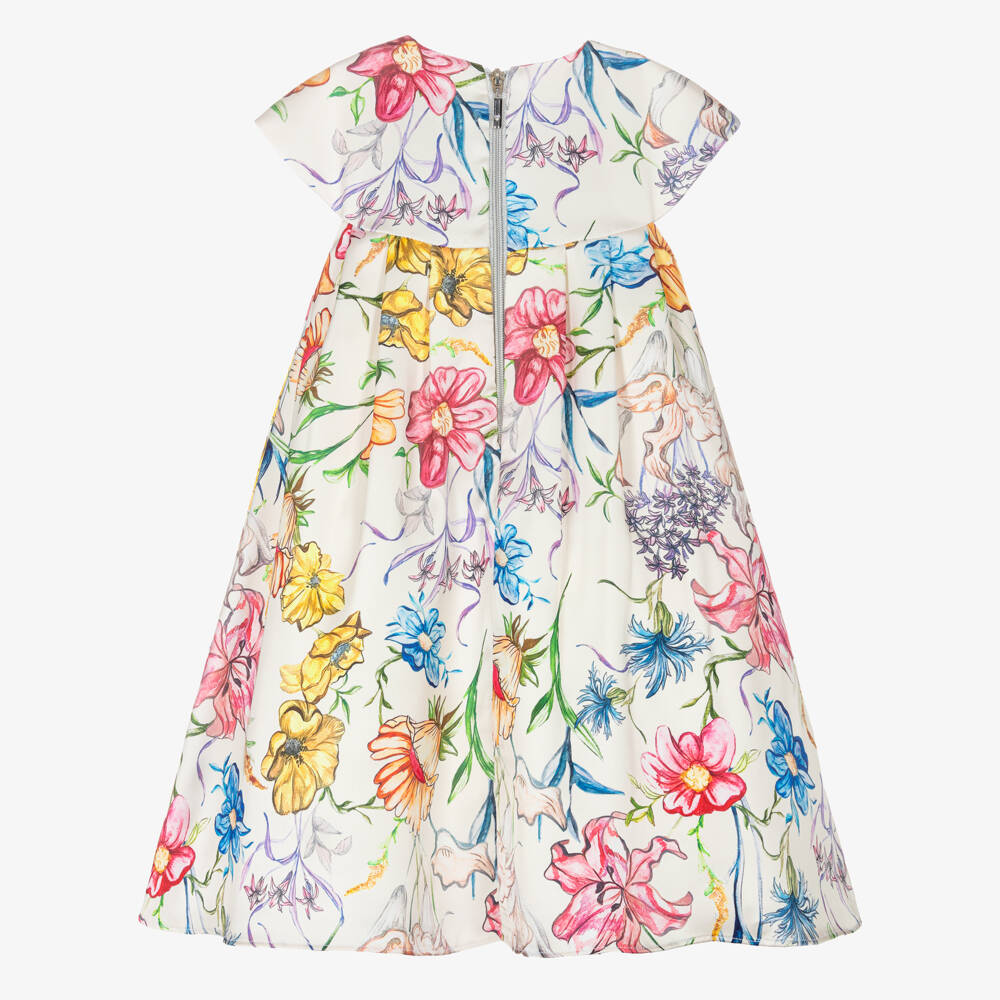 Graci-Girls Ivory Satin Dress with Bright Floral Print | Childrensalon