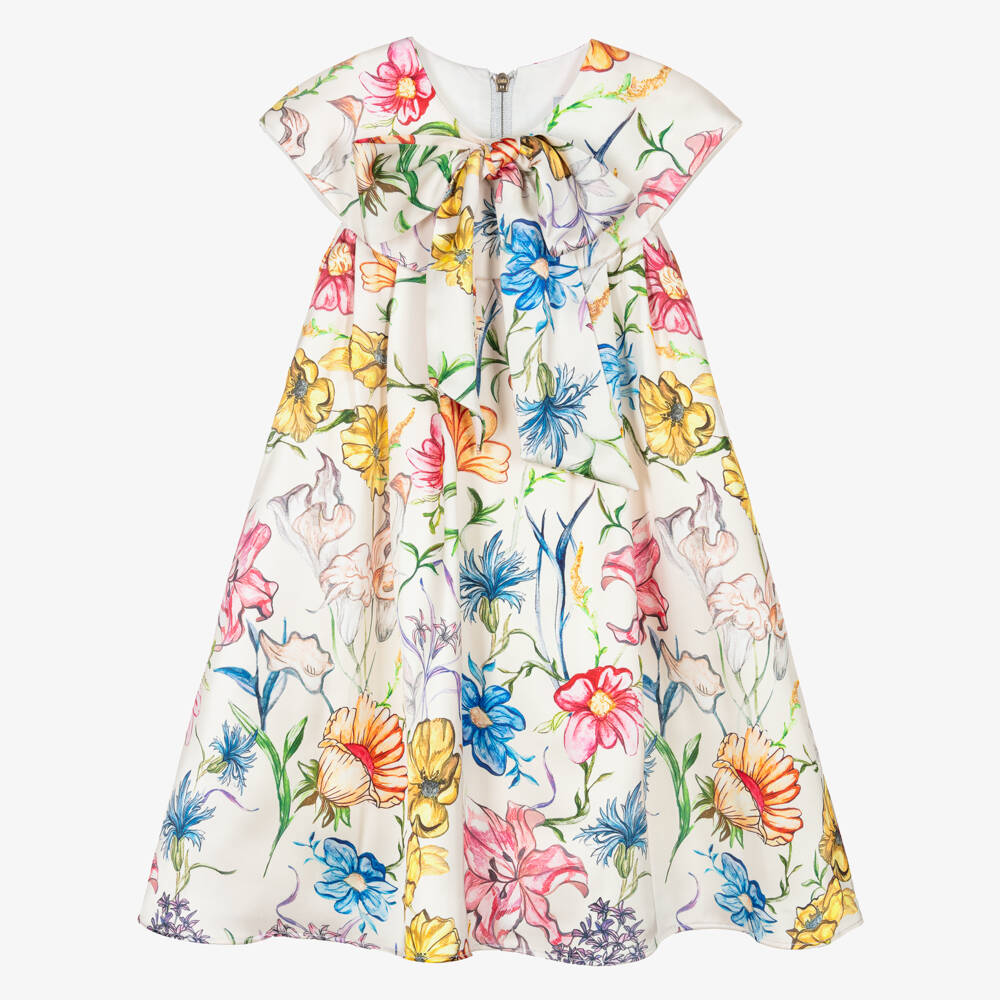 Graci-Girls Ivory Satin Dress with Bright Floral Print | Childrensalon