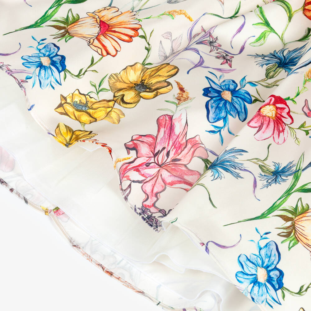 Graci-Girls Ivory Satin Dress with Bright Floral Print | Childrensalon