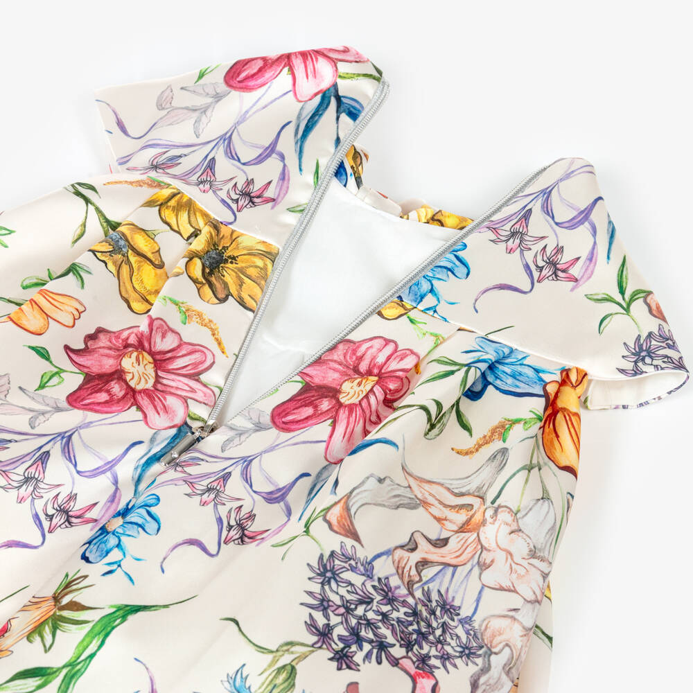 Graci-Girls Ivory Satin Dress with Bright Floral Print | Childrensalon