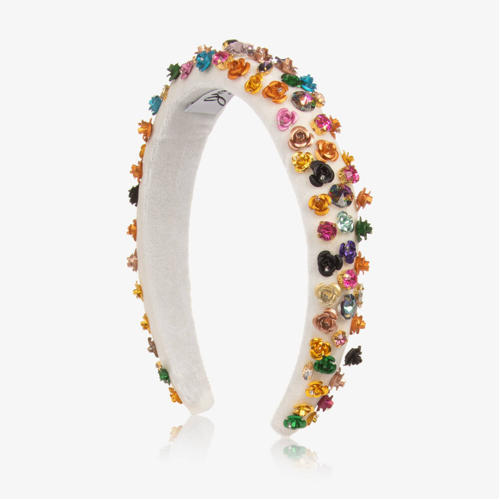 Graci-Girls Ivory Velvet Headband with Crystal & Floral Appliqués | Childrensalon