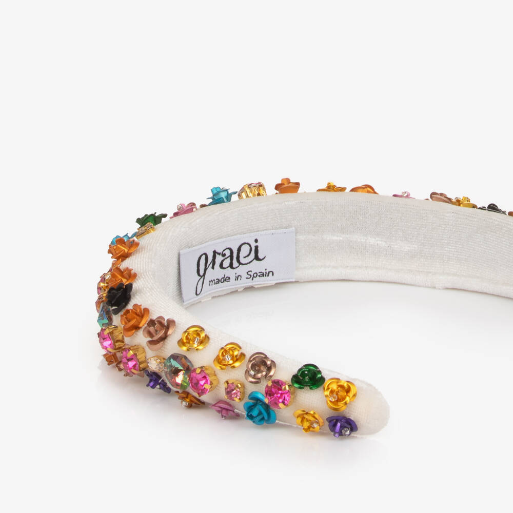 Graci-Girls Ivory Velvet Headband with Crystal & Floral Appliqués | Childrensalon