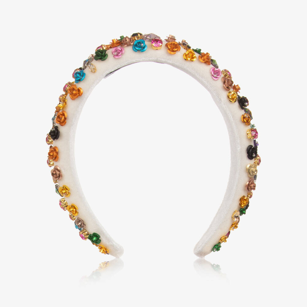 Graci-Girls Ivory Velvet Headband with Crystal & Floral Appliqués | Childrensalon