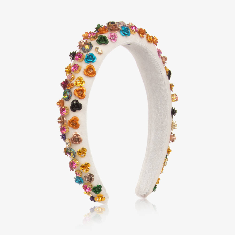 Graci-Girls Ivory Velvet Headband with Crystal & Floral Appliqués | Childrensalon