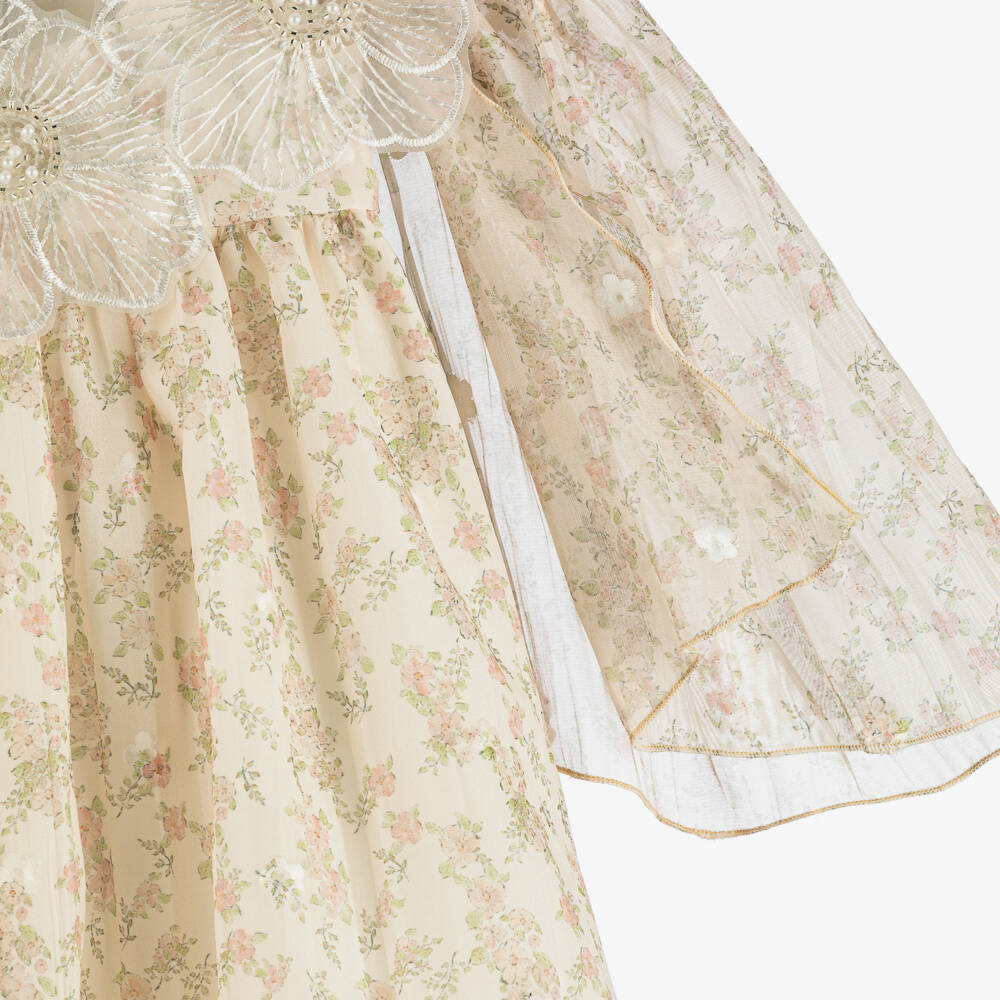Graci-Girls Pale Beige Dress with Floral Print & Flower Collar | Childrensalon