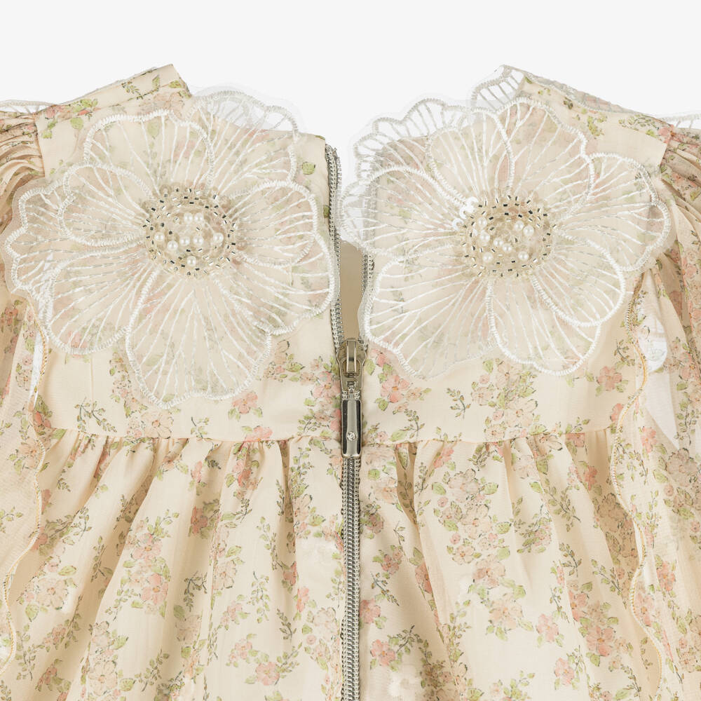 Graci-Girls Pale Beige Dress with Floral Print & Flower Collar | Childrensalon