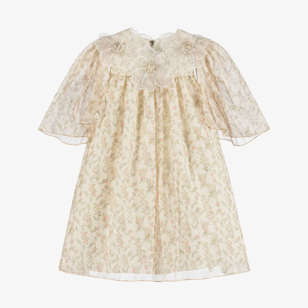 Graci-Girls Pale Beige Dress with Floral Print & Flower Collar | Childrensalon