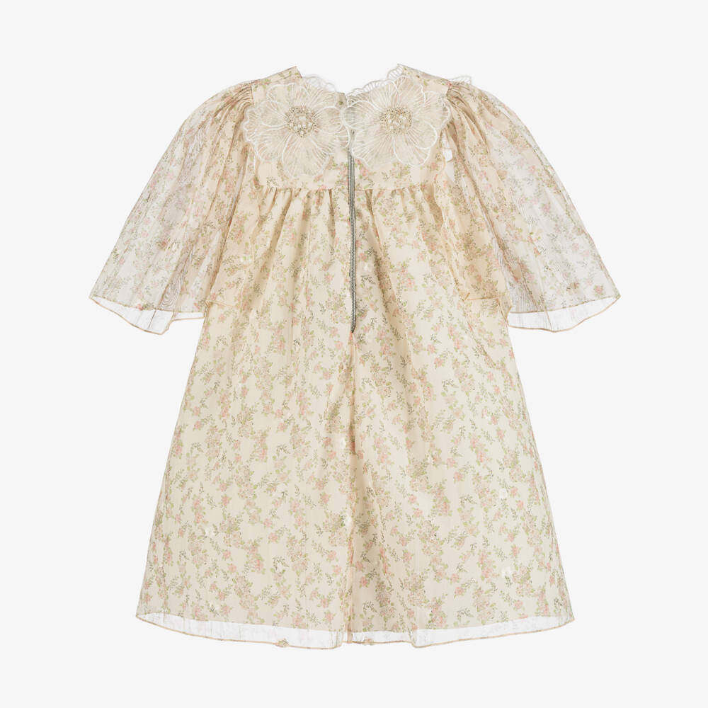 Graci-Girls Pale Beige Dress with Floral Print & Flower Collar | Childrensalon