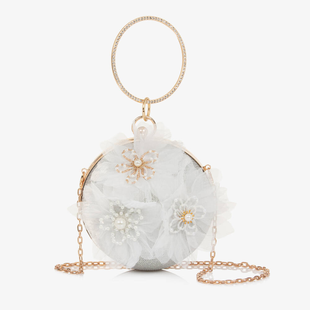 Graci-Girls Silver Ball Handbag with Chiffon & Bead Flowers (14cm) | Childrensalon