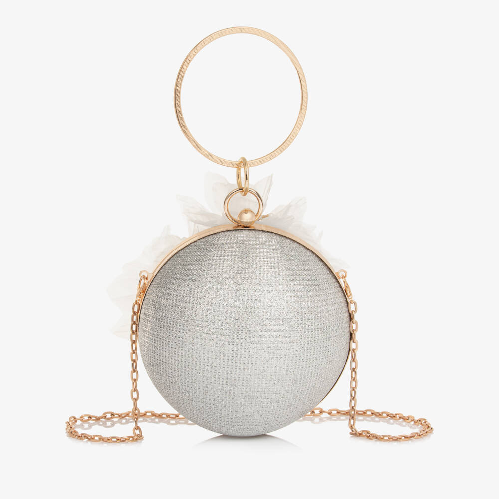 Graci-Girls Silver Ball Handbag with Chiffon & Bead Flowers (14cm) | Childrensalon