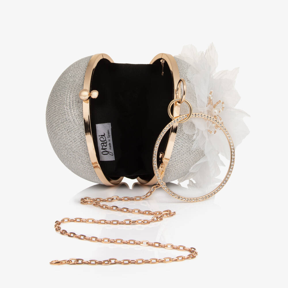 Graci-Girls Silver Ball Handbag with Chiffon & Bead Flowers (14cm) | Childrensalon