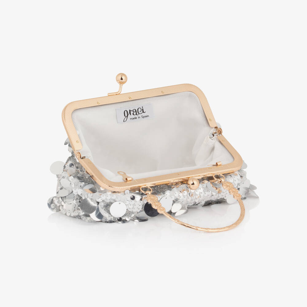 Graci-Girls Silver Sequin Handbag (21cm) | Childrensalon