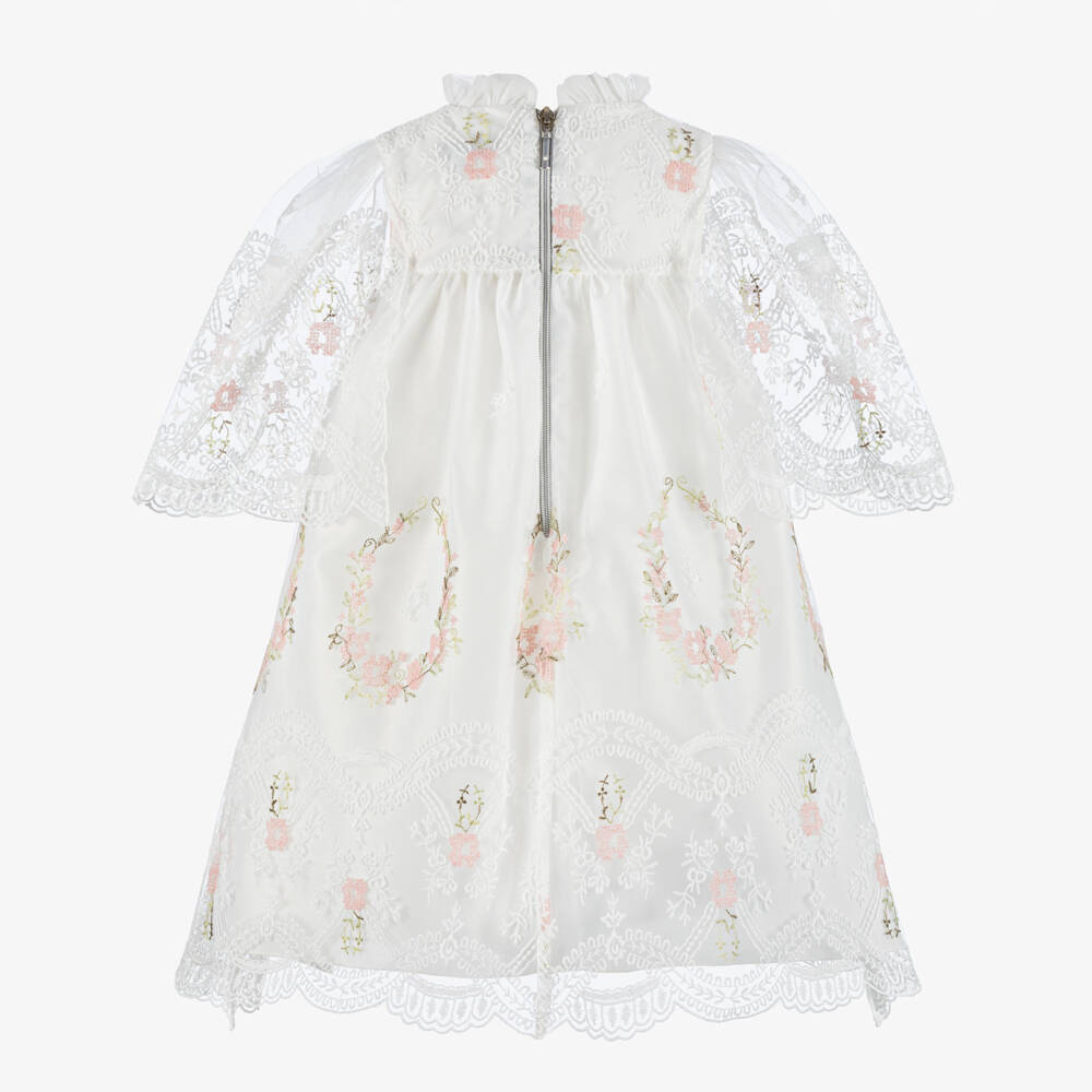 Graci-Girls White & Pink Floral Embroidered Tulle Dress | Childrensalon