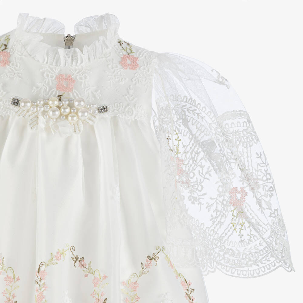 Graci-Girls White & Pink Floral Embroidered Tulle Dress | Childrensalon