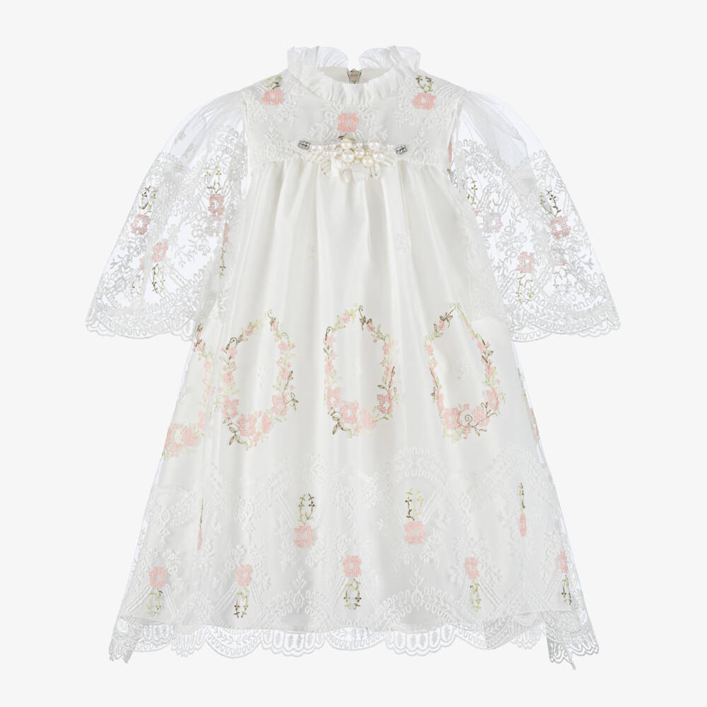Graci-Girls White & Pink Floral Embroidered Tulle Dress | Childrensalon
