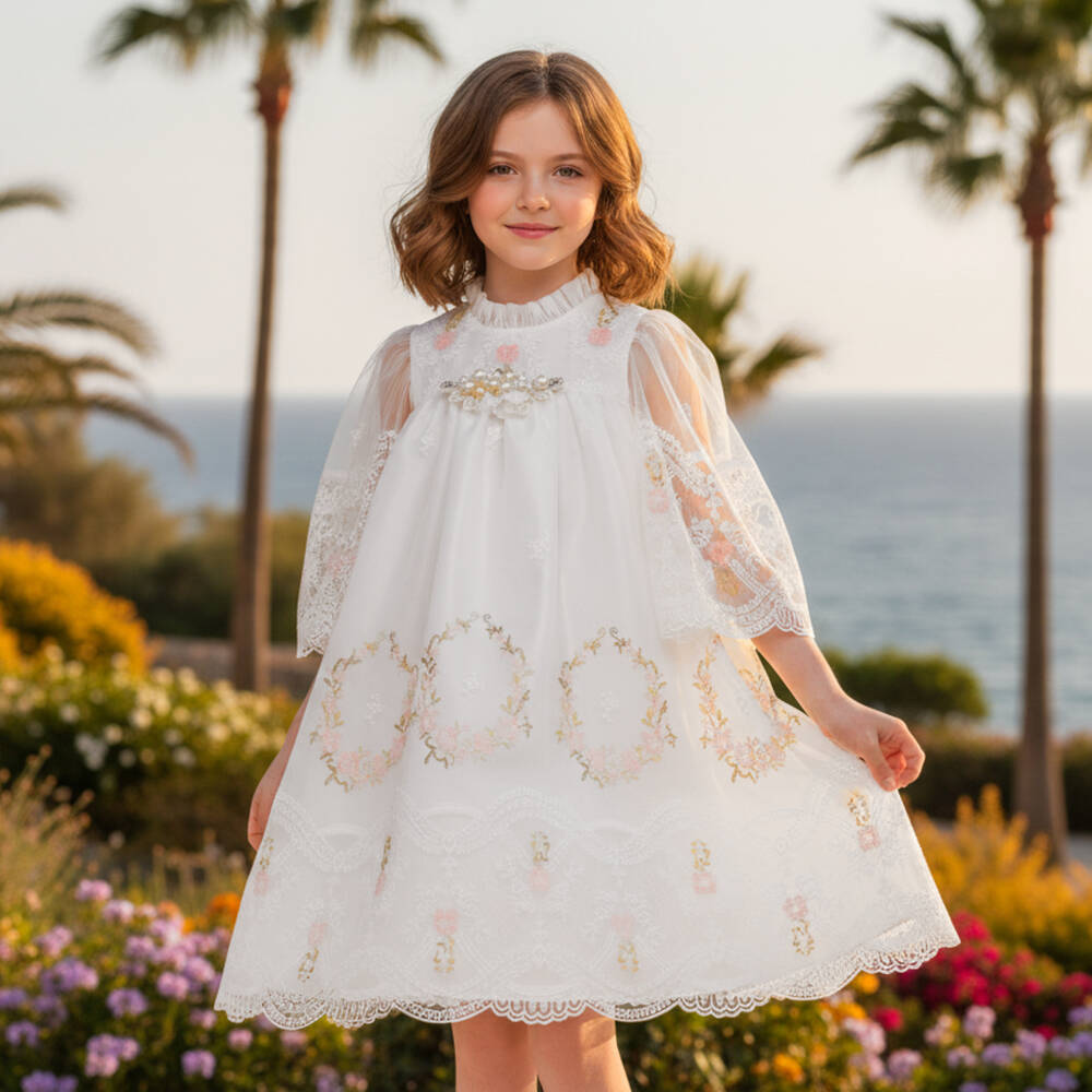 Graci-Girls White & Pink Floral Embroidered Tulle Dress | Childrensalon