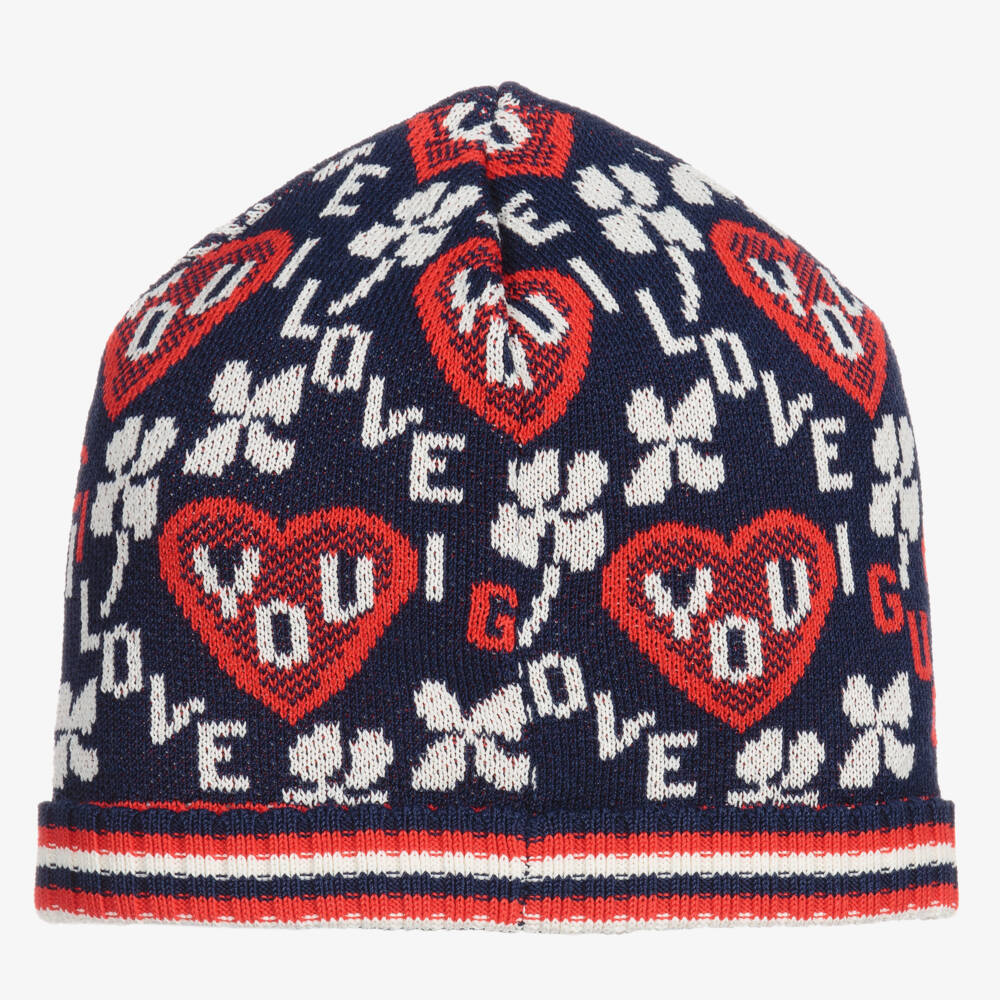 Gucci-Baby Girls Blue & Red Heart Knitted Hat | Childrensalon