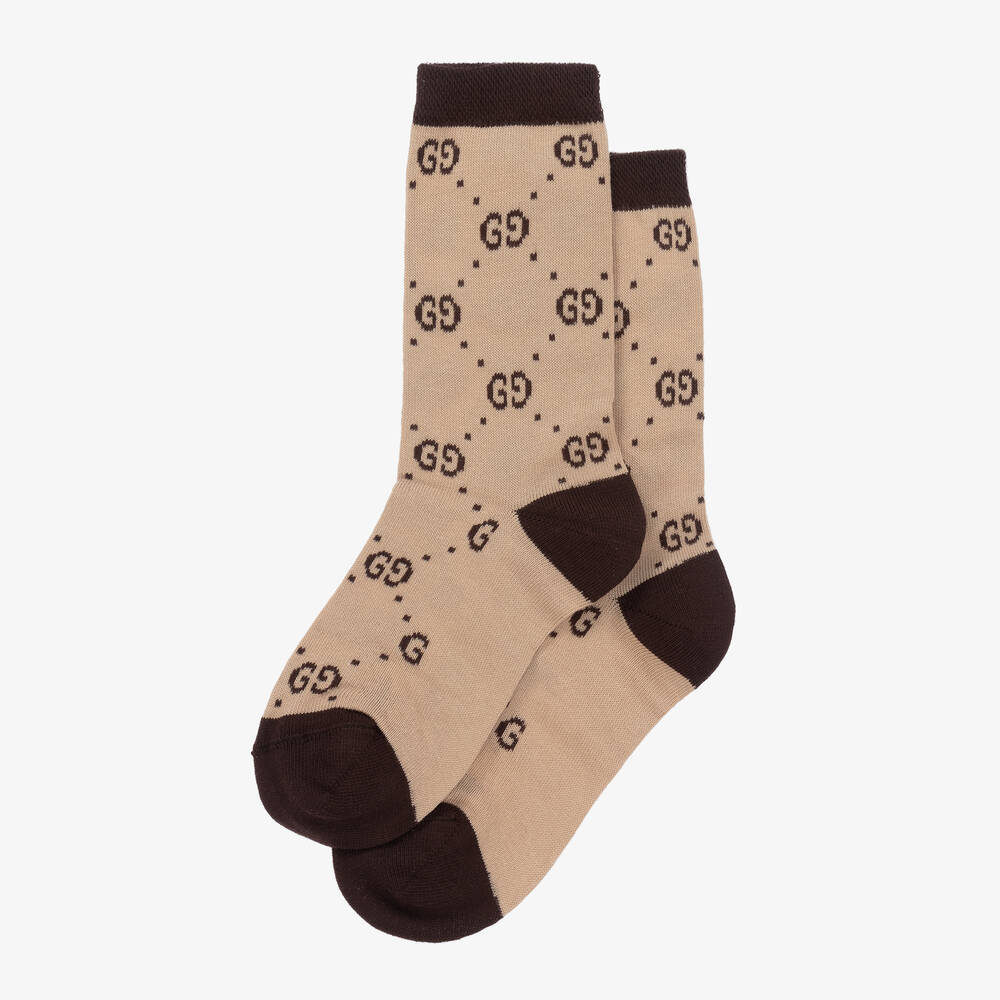 Gucci-Бежево-коричневые хлопковые носки с принтом GG | Childrensalon