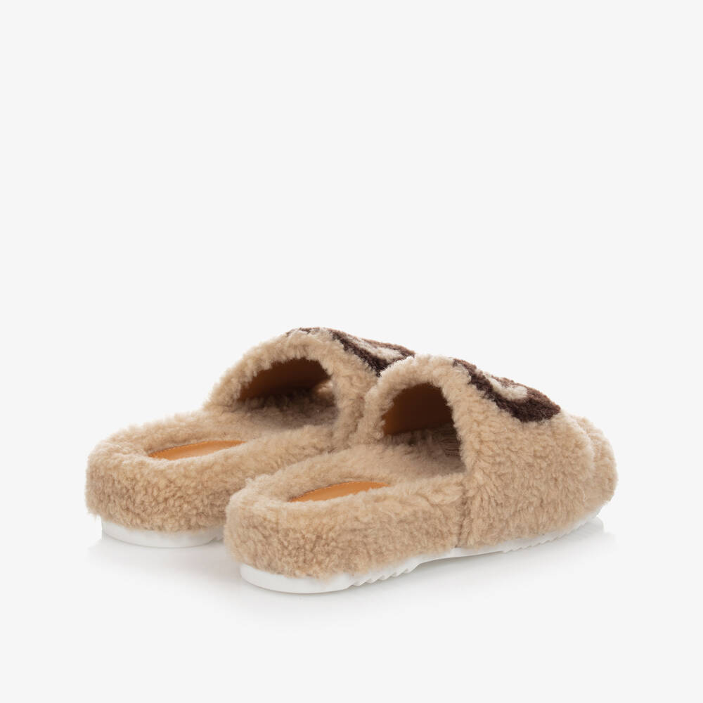Gucci-Beige Faux Fur Logo Sliders | Childrensalon