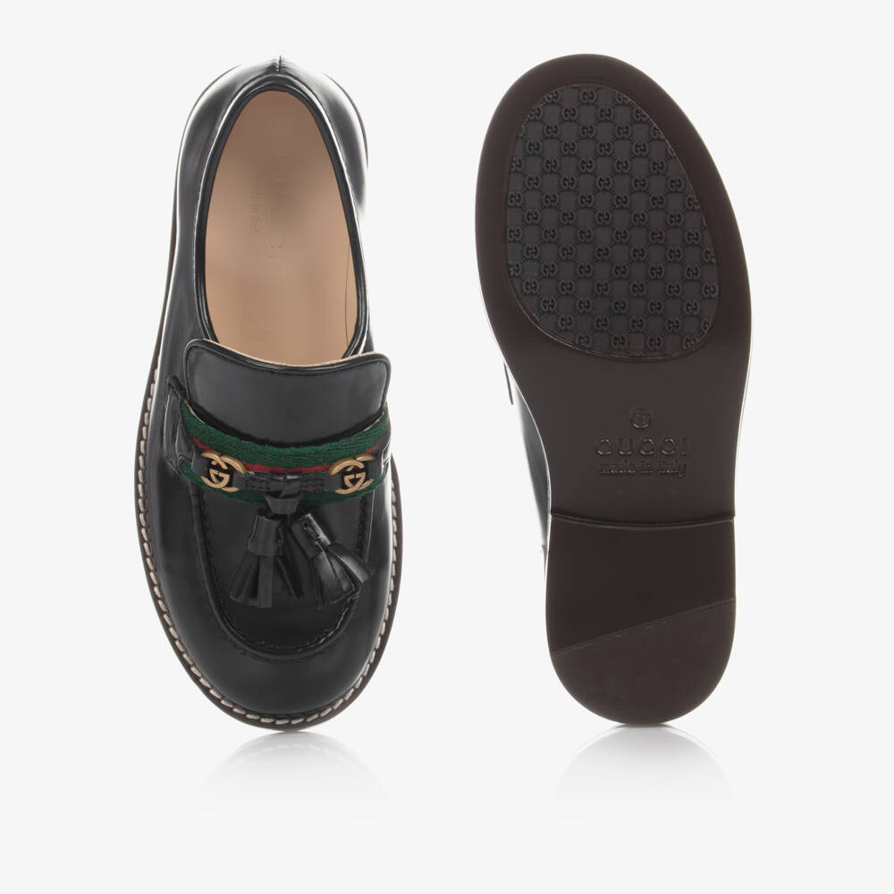 Gucci-Black Leather Loafer Shoes With Green & Red Striped Web | Childrensalon