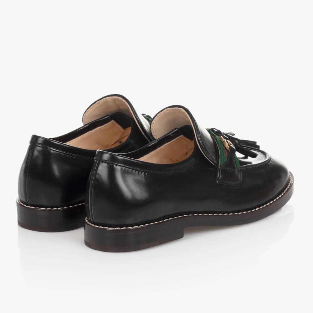 Gucci-Black Leather Loafer Shoes With Green & Red Striped Web | Childrensalon