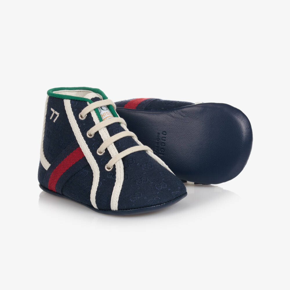 Gucci-ترينرز جلد وقطن كانفاس لون كحلي لمرحلة قبل المشي للأطفال | Childrensalon