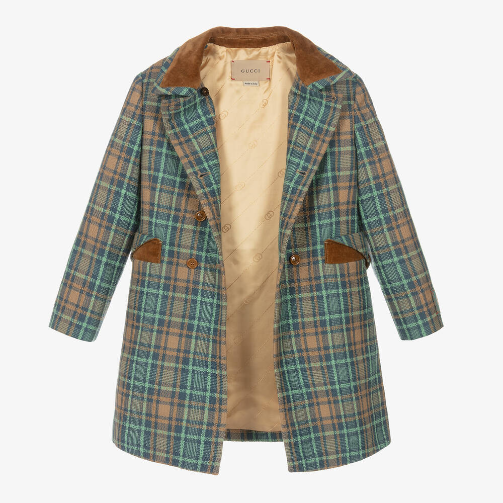 Gucci-Коричнево-голубое шерстяное пальто в клетку | Childrensalon