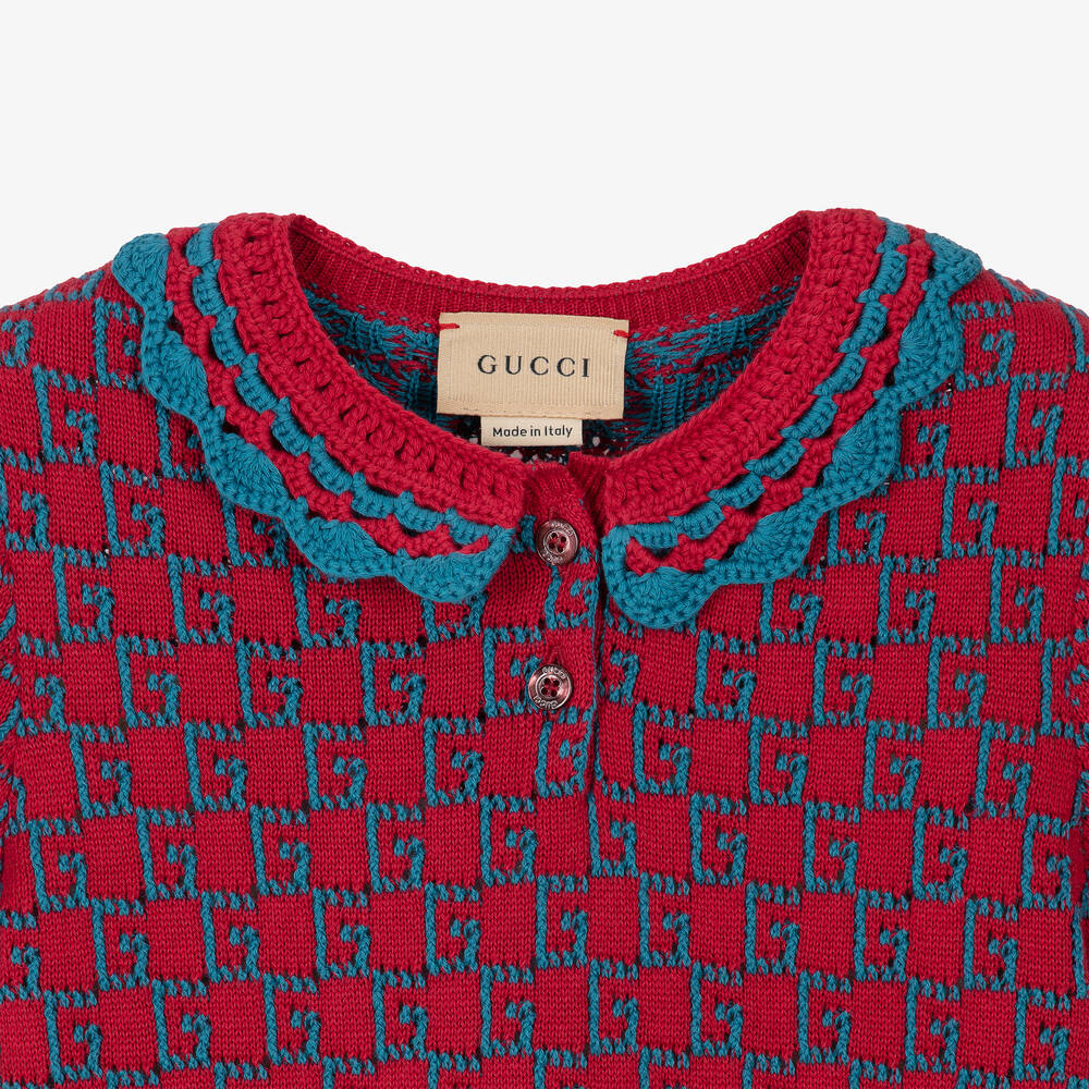 Gucci-فستان قطن محبوك لون أحمر وأزرق | Childrensalon