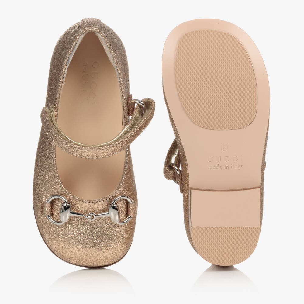 Gucci-Gold Glitter Ballerina Shoes With Silver Horsebit | Childrensalon