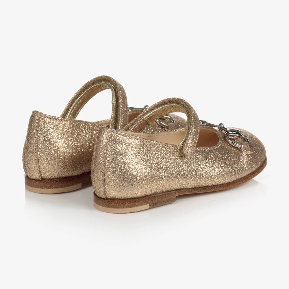 Gucci-Gold Glitter Ballerina Shoes With Silver Horsebit | Childrensalon