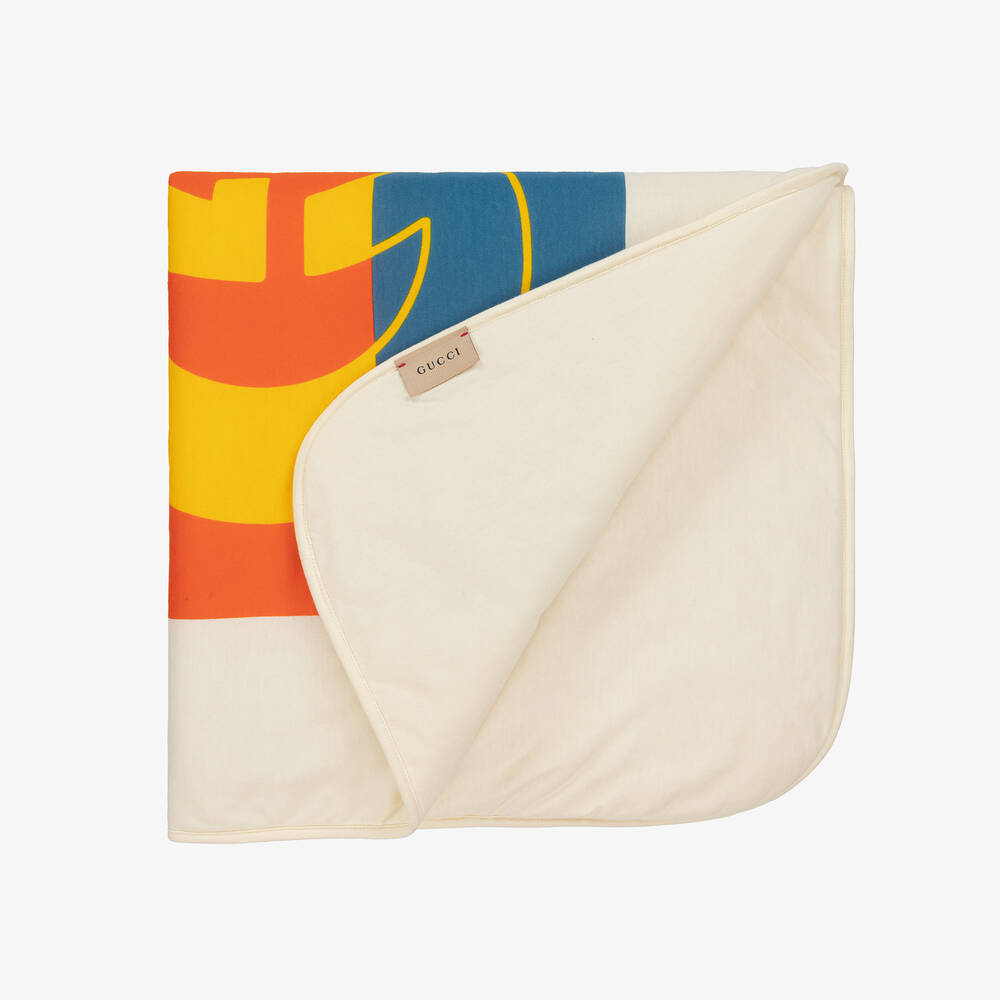 Gucci-Ivory & Blue Cotton Interlocking G Blanket (80cm) | Childrensalon