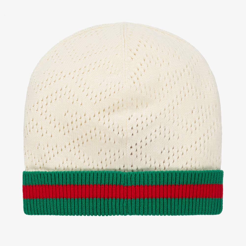 Gucci-Ivory Web Stripe Cotton Beanie Hat | Childrensalon