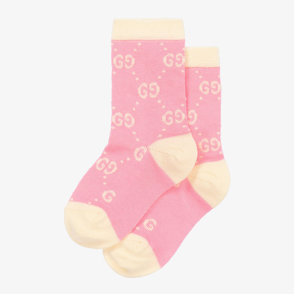 Gucci-Pink & Ivory Cotton GG Socks | Childrensalon
